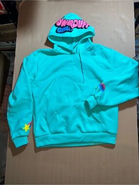 Bright Aqua Crewneck Hoodie with Rainbow and Star Accents
